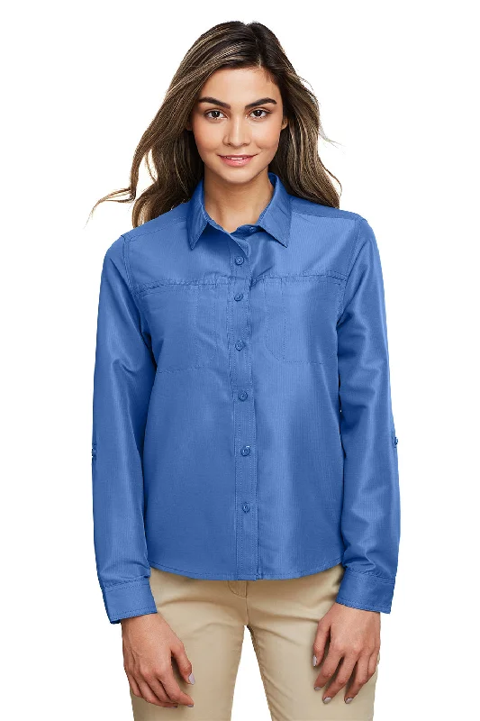 Harriton Womens Key West Performance Moisture Wicking Long Sleeve Button Down Shirt w/ Pocket - Pool Blue