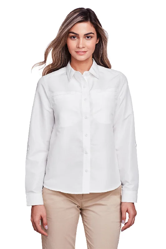 Harriton Womens Key West Performance Moisture Wicking Long Sleeve Button Down Shirt w/ Pocket - White