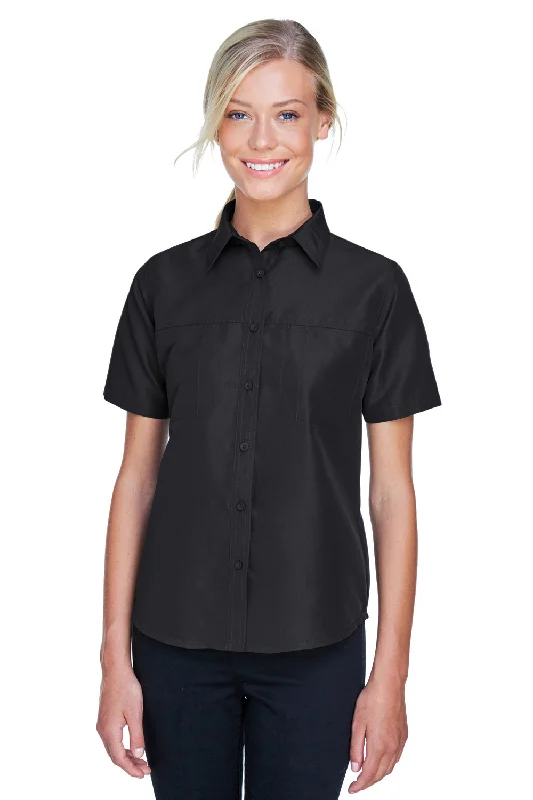 Harriton Womens Key West Performance Short Sleeve Button Down Shirt w/ Double Pockets - Black