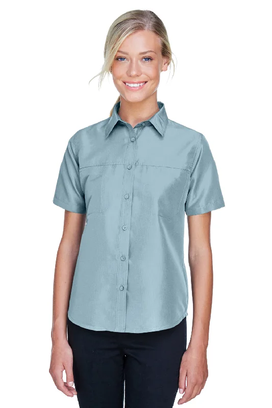 Harriton Womens Key West Performance Short Sleeve Button Down Shirt w/ Double Pockets - Cloud Blue