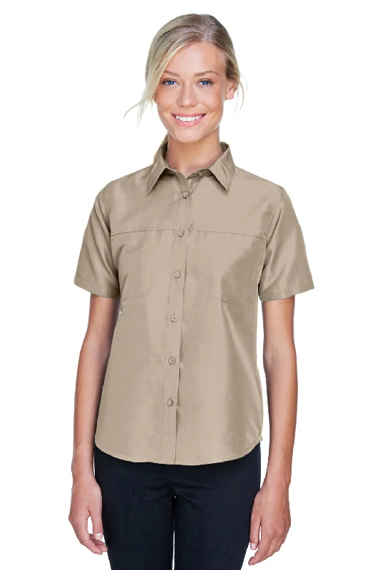 Harriton Womens Key West Performance Short Sleeve Button Down Shirt w/ Double Pockets - Khaki