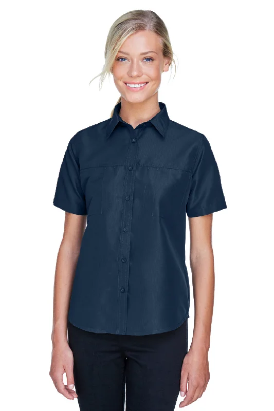 Harriton Womens Key West Performance Short Sleeve Button Down Shirt w/ Double Pockets - Navy Blue