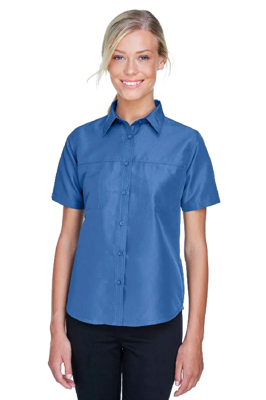 Harriton Womens Key West Performance Short Sleeve Button Down Shirt w/ Double Pockets - Pool Blue