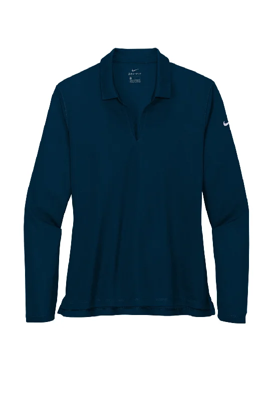 Nike Womens Dri-Fit Moisture Wicking Micro Pique 2.0 Long Sleeve Polo Shirt - Navy Blue