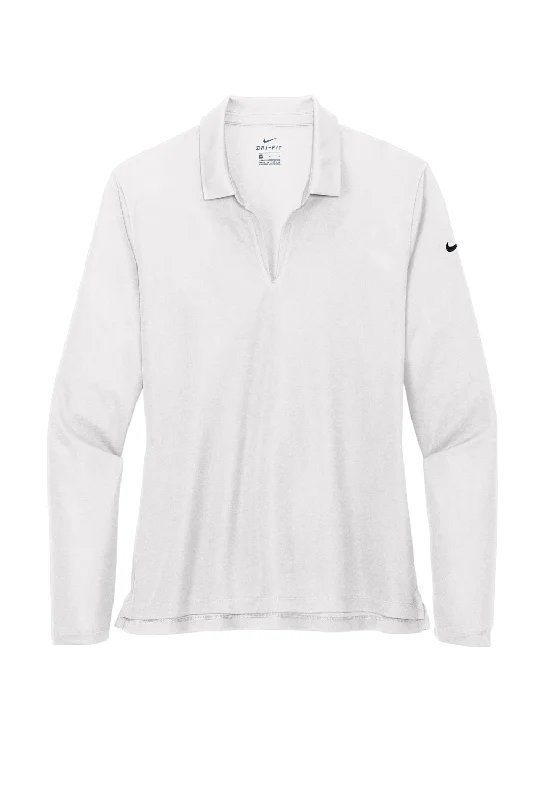 Nike Womens Dri-Fit Moisture Wicking Micro Pique 2.0 Long Sleeve Polo Shirt - White