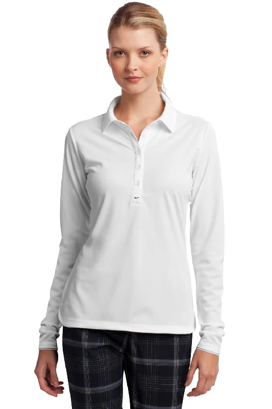 Nike Womens Stretch Tech Dri-Fit Moisture Wicking Long Sleeve Polo Shirt - White