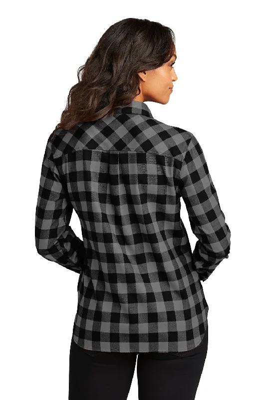 Port Authority Womens Plaid Flannel Long Sleeve Button Down Shirt w/ Double Pockets - Grey/Black Buffalo