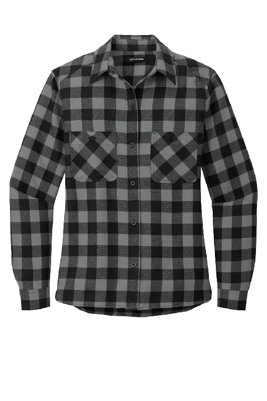 Port Authority Womens Plaid Flannel Long Sleeve Button Down Shirt w/ Double Pockets - Grey/Black Buffalo