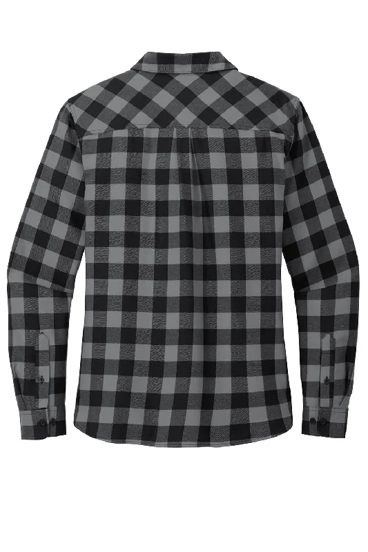 Port Authority Womens Plaid Flannel Long Sleeve Button Down Shirt w/ Double Pockets - Grey/Black Buffalo