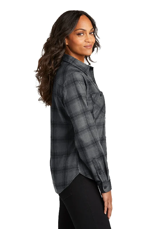 Port Authority Womens Plaid Flannel Long Sleeve Button Down Shirt w/ Double Pockets - Grey/Black Plaid