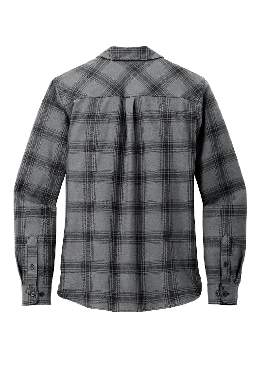 Port Authority Womens Plaid Flannel Long Sleeve Button Down Shirt w/ Double Pockets - Grey/Black Plaid