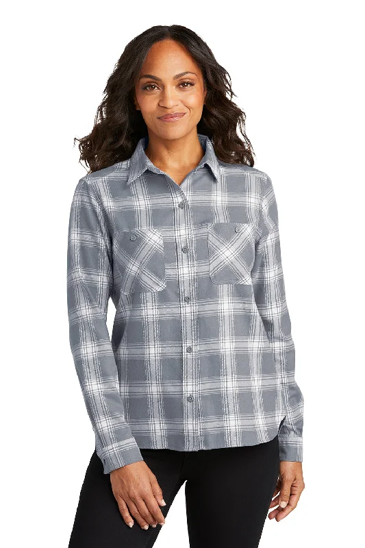 Port Authority Womens Plaid Flannel Long Sleeve Button Down Shirt w/ Double Pockets - Grey/Cream Plaid