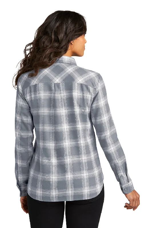 Port Authority Womens Plaid Flannel Long Sleeve Button Down Shirt w/ Double Pockets - Grey/Cream Plaid