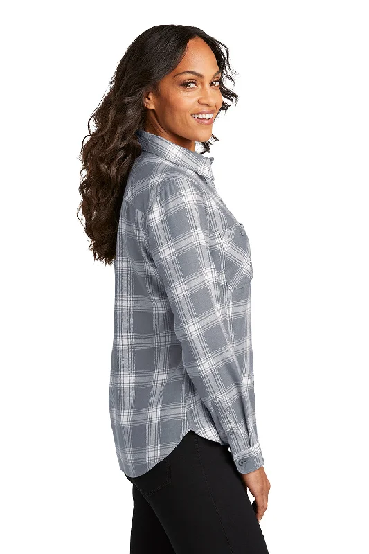 Port Authority Womens Plaid Flannel Long Sleeve Button Down Shirt w/ Double Pockets - Grey/Cream Plaid