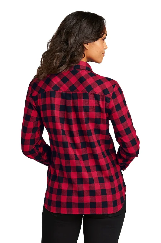 Port Authority Womens Plaid Flannel Long Sleeve Button Down Shirt w/ Double Pockets - Red/Black Buffalo