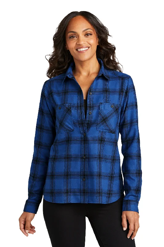 Port Authority Womens Plaid Flannel Long Sleeve Button Down Shirt w/ Double Pockets - Royal Blue/Black Plaid