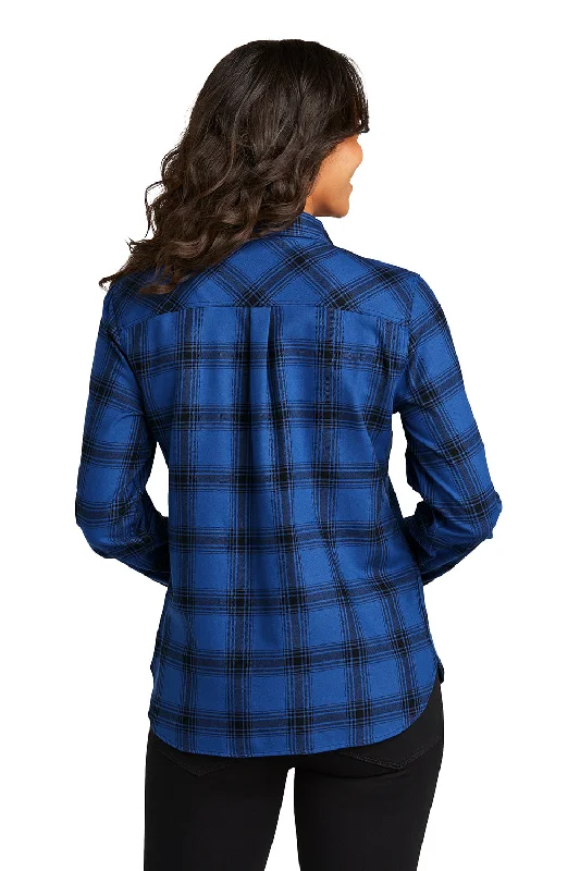 Port Authority Womens Plaid Flannel Long Sleeve Button Down Shirt w/ Double Pockets - Royal Blue/Black Plaid