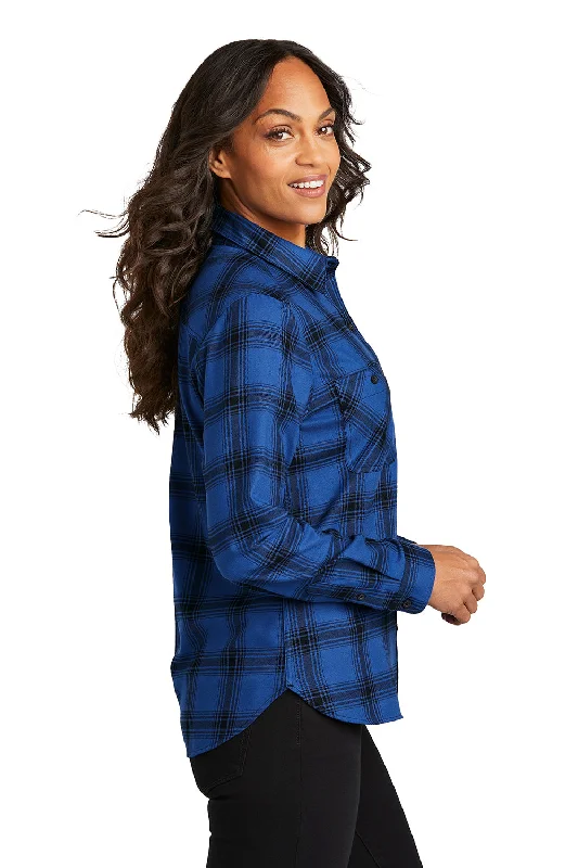 Port Authority Womens Plaid Flannel Long Sleeve Button Down Shirt w/ Double Pockets - Royal Blue/Black Plaid