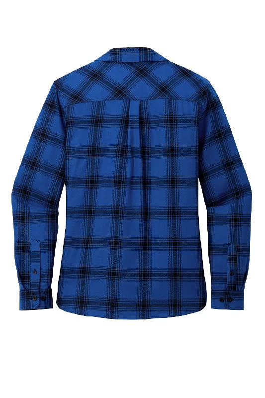 Port Authority Womens Plaid Flannel Long Sleeve Button Down Shirt w/ Double Pockets - Royal Blue/Black Plaid