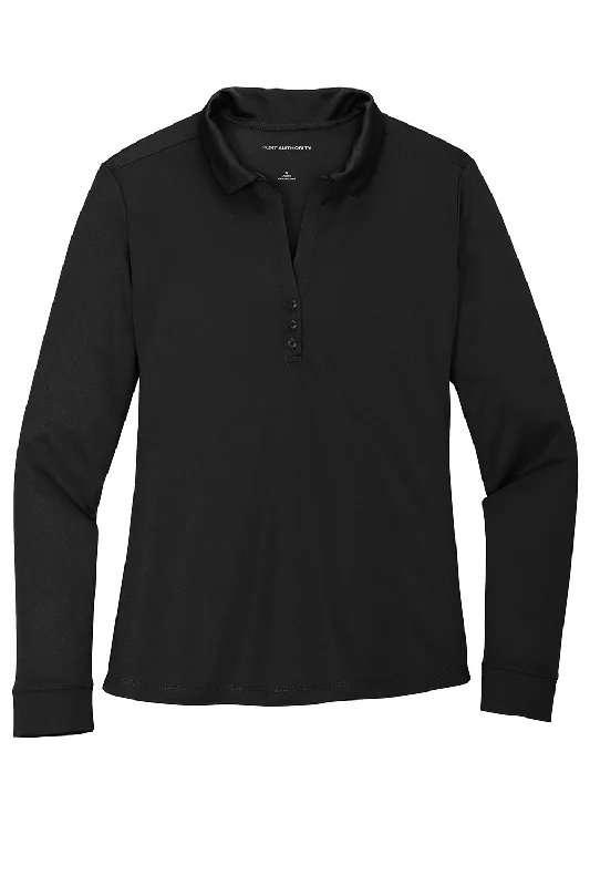 Port Authority Womens Silk Touch Performance Moisture Wicking Long Sleeve Polo Shirt - Black