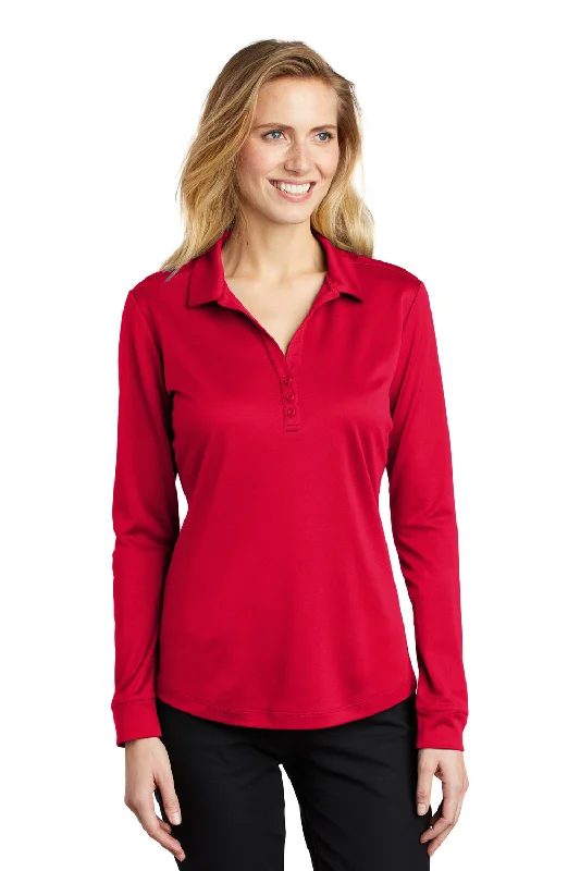 Port Authority Womens Silk Touch Performance Moisture Wicking Long Sleeve Polo Shirt - Red