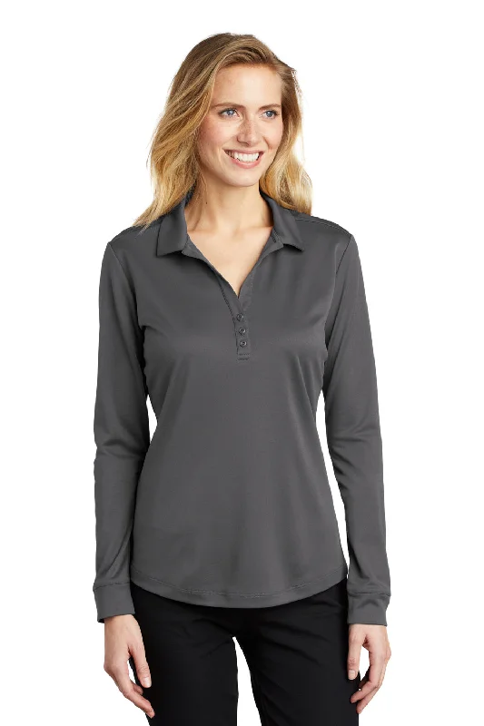 Port Authority Womens Silk Touch Performance Moisture Wicking Long Sleeve Polo Shirt - Steel Grey