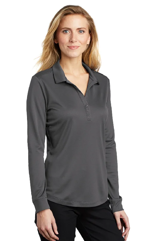 Port Authority Womens Silk Touch Performance Moisture Wicking Long Sleeve Polo Shirt - Steel Grey