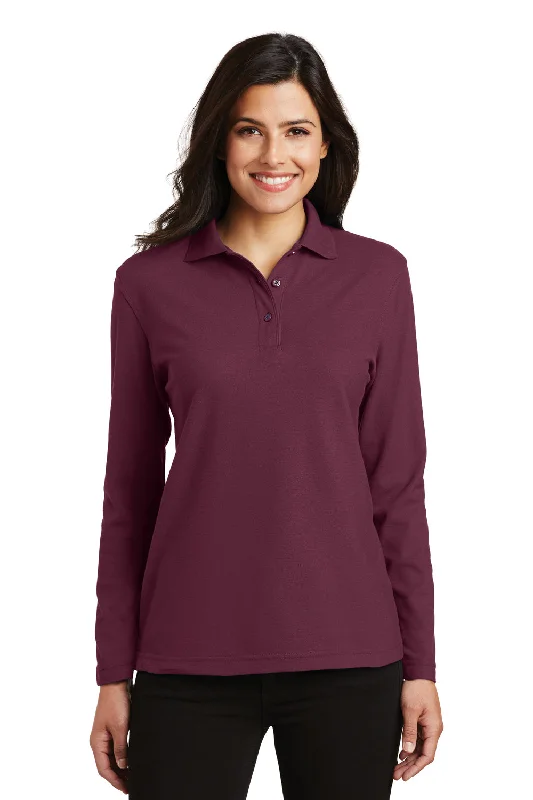 Port Authority Womens Silk Touch Wrinkle Resistant Long Sleeve Polo Shirt - Burgundy