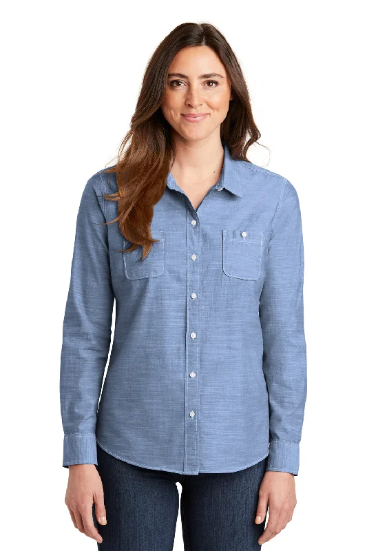 Port Authority Womens Slub Chambray Long Sleeve Button Down Shirt w/ Double Pockets - Light Blue