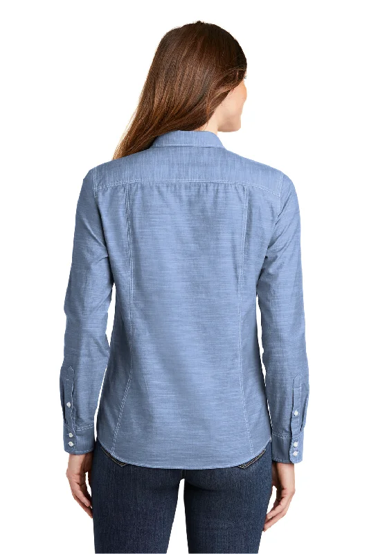 Port Authority Womens Slub Chambray Long Sleeve Button Down Shirt w/ Double Pockets - Light Blue