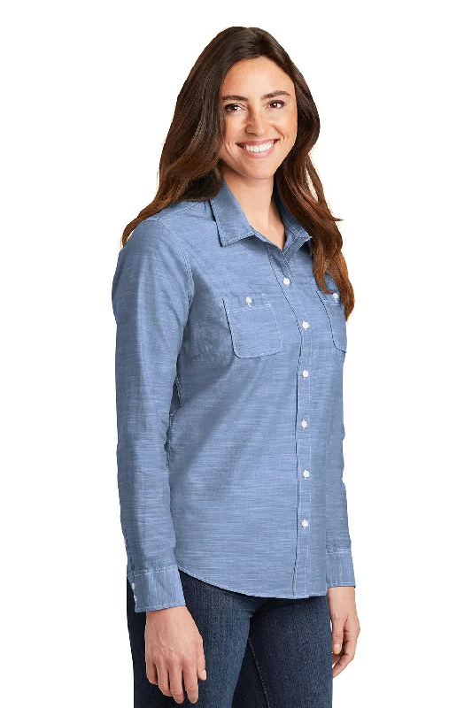 Port Authority Womens Slub Chambray Long Sleeve Button Down Shirt w/ Double Pockets - Light Blue