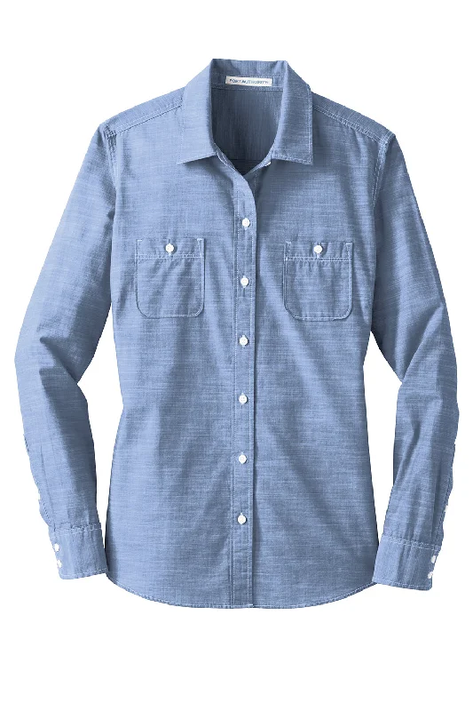 Port Authority Womens Slub Chambray Long Sleeve Button Down Shirt w/ Double Pockets - Light Blue