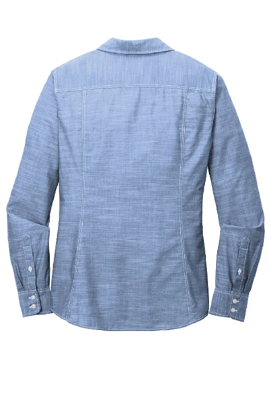 Port Authority Womens Slub Chambray Long Sleeve Button Down Shirt w/ Double Pockets - Light Blue