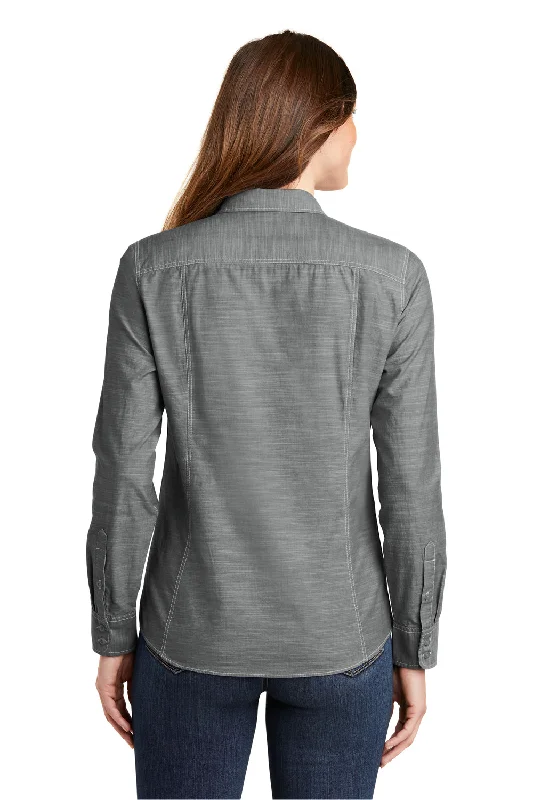 Port Authority Womens Slub Chambray Long Sleeve Button Down Shirt w/ Double Pockets - Grey