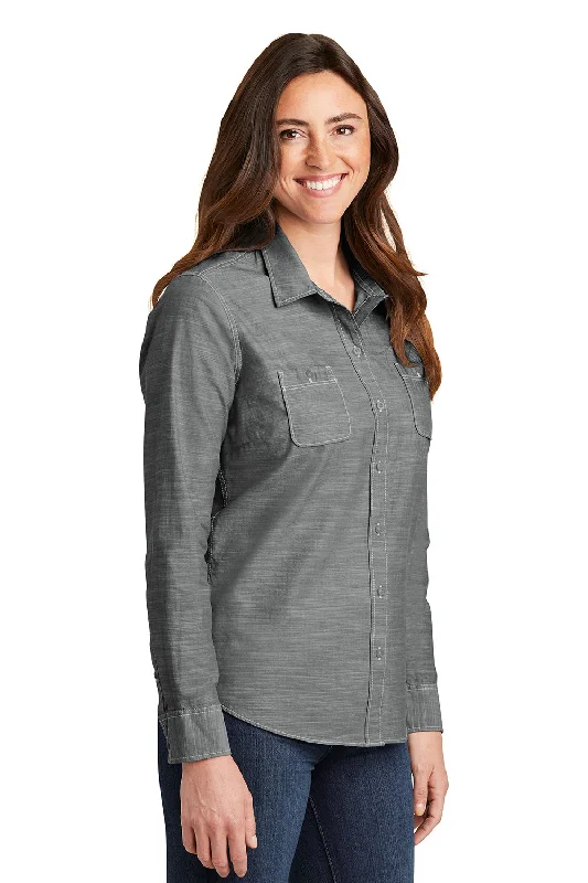 Port Authority Womens Slub Chambray Long Sleeve Button Down Shirt w/ Double Pockets - Grey