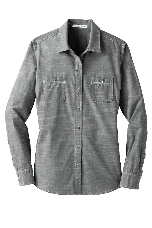 Port Authority Womens Slub Chambray Long Sleeve Button Down Shirt w/ Double Pockets - Grey