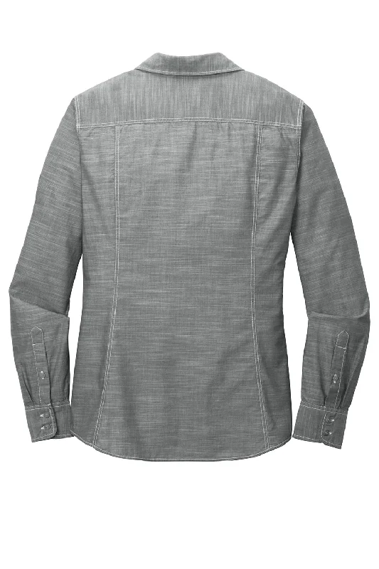 Port Authority Womens Slub Chambray Long Sleeve Button Down Shirt w/ Double Pockets - Grey