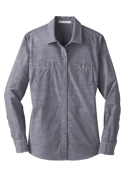 Port Authority Womens Slub Chambray Long Sleeve Button Down Shirt w/ Double Pockets - True Navy Blue