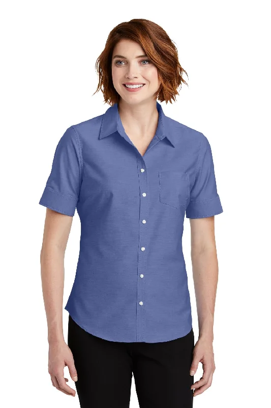 Port Authority Womens SuperPro Oxford Wrinkle Resistant Short Sleeve Button Down Shirt w/ Pocket - Navy Blue