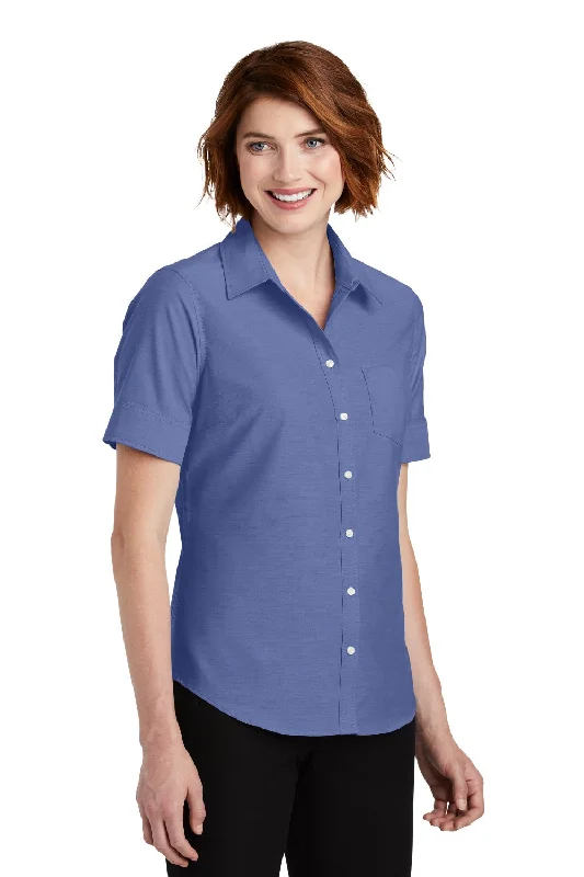 Port Authority Womens SuperPro Oxford Wrinkle Resistant Short Sleeve Button Down Shirt w/ Pocket - Navy Blue