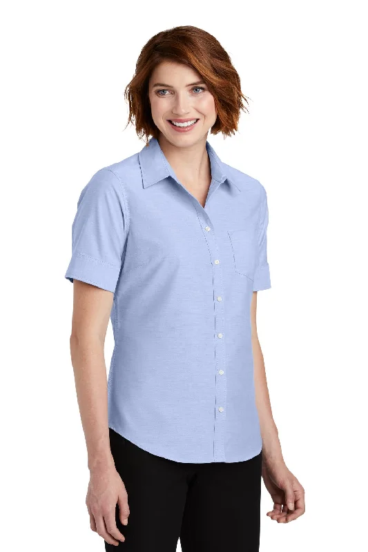 Port Authority Womens SuperPro Oxford Wrinkle Resistant Short Sleeve Button Down Shirt w/ Pocket - Oxford Blue