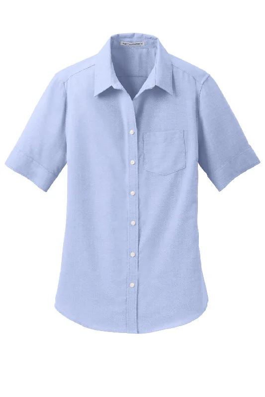 Port Authority Womens SuperPro Oxford Wrinkle Resistant Short Sleeve Button Down Shirt w/ Pocket - Oxford Blue