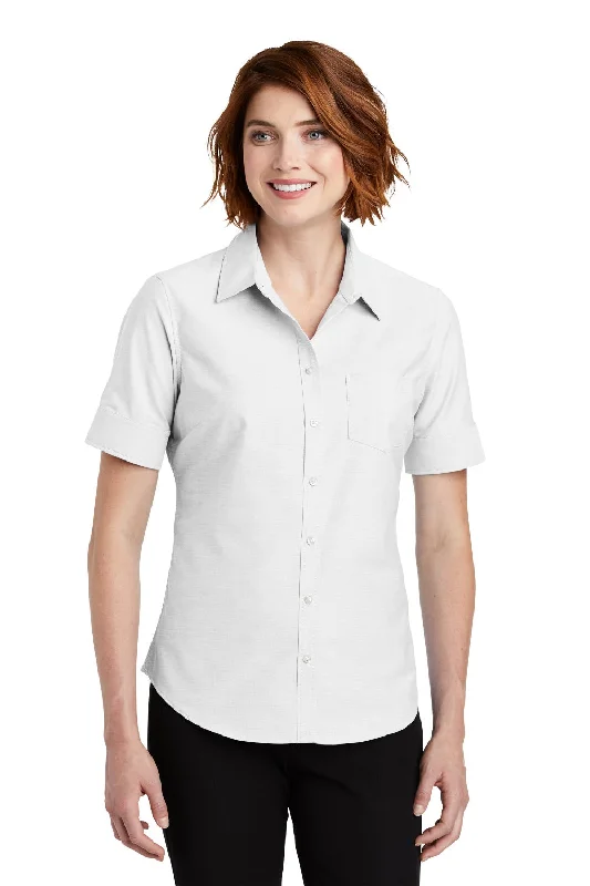 Port Authority Womens SuperPro Oxford Wrinkle Resistant Short Sleeve Button Down Shirt w/ Pocket - White