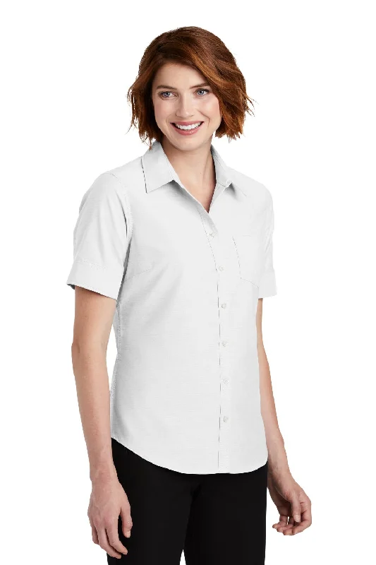 Port Authority Womens SuperPro Oxford Wrinkle Resistant Short Sleeve Button Down Shirt w/ Pocket - White