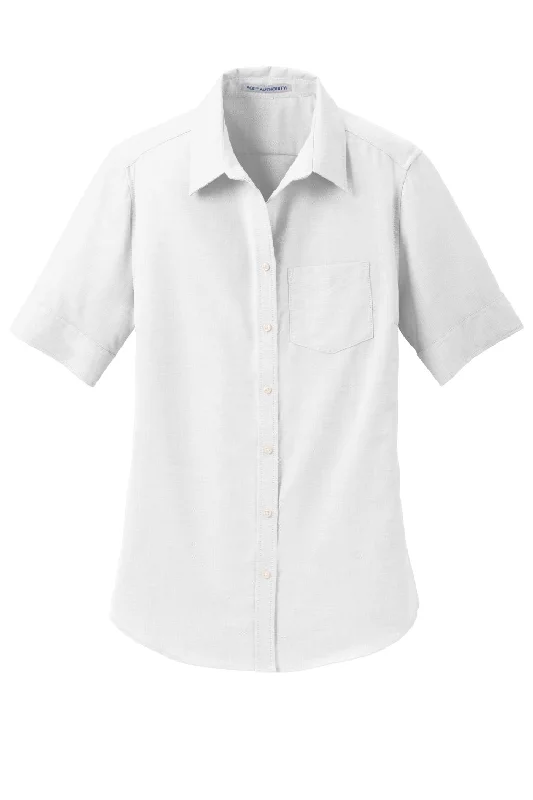 Port Authority Womens SuperPro Oxford Wrinkle Resistant Short Sleeve Button Down Shirt w/ Pocket - White