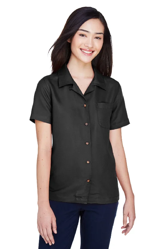 UltraClub Womens Cabana Breeze Short Sleeve Button Down Camp Shirt w/ Pocket - Black - Closeout