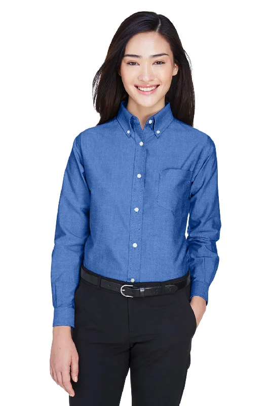 UltraClub Womens Classic Oxford Wrinkle Resistant Long Sleeve Button Down Shirt w/ Pocket - French Blue - Closeout