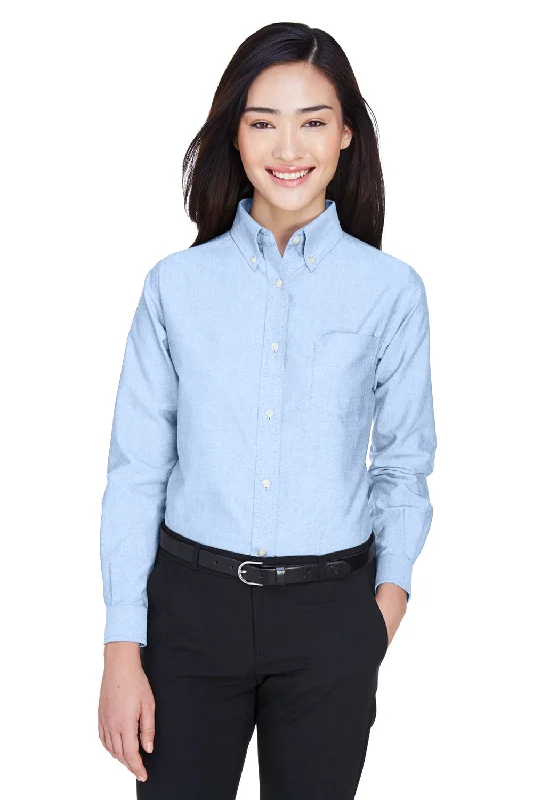 UltraClub Womens Classic Oxford Wrinkle Resistant Long Sleeve Button Down Shirt w/ Pocket - Light Blue - Closeout