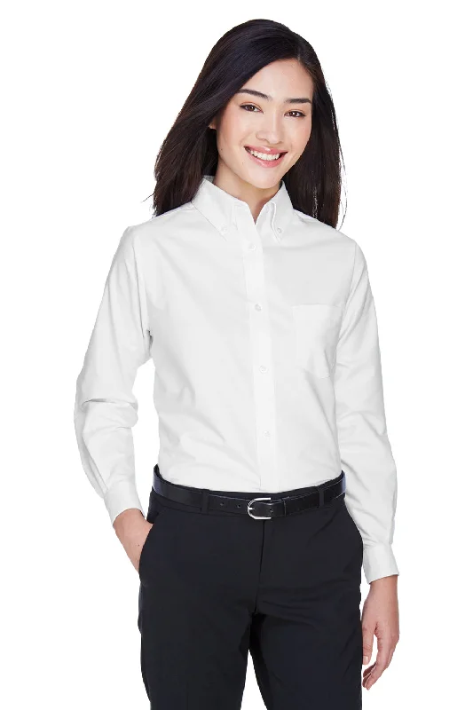 UltraClub Womens Classic Oxford Wrinkle Resistant Long Sleeve Button Down Shirt w/ Pocket - White - Closeout