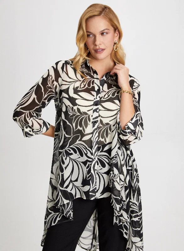 Asymmetric Leaf Print Tunic Blouse